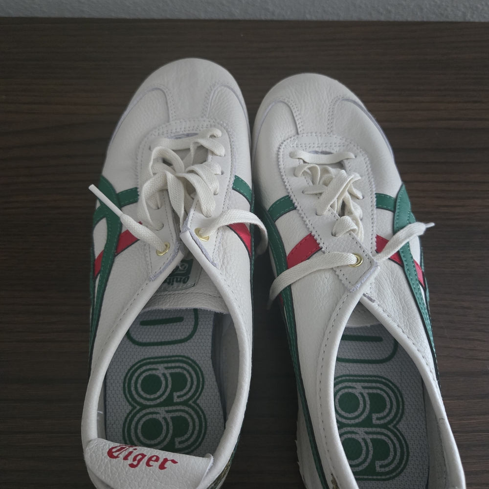 Onitsuka Tiger White Sneakers with Green and Red Stripes